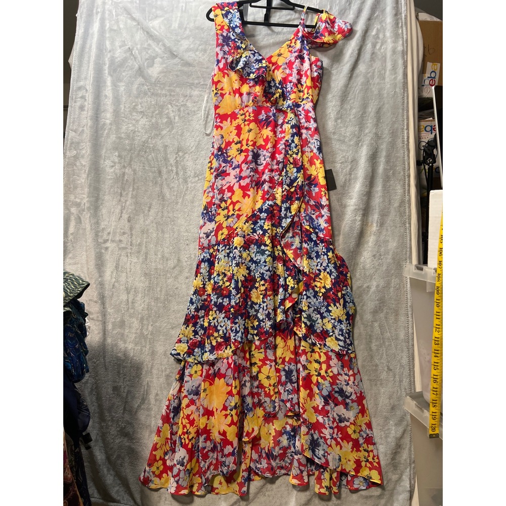 Lulus Maxi Dress Floral High-LowRuby Red Ruffle Cold Shoulder Medum - Picture 8 of 16